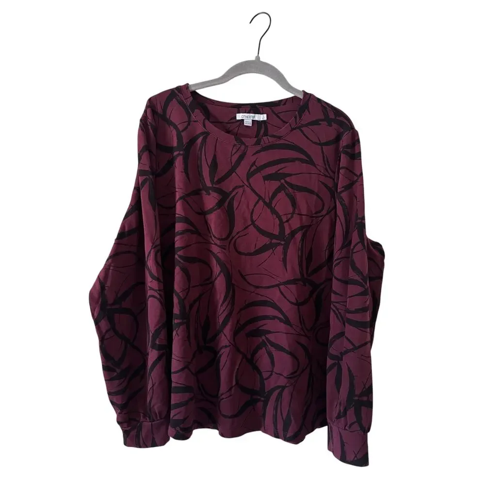 Chico’s Size 3 XL Burgundy Black Abstract Print Long Sleeve Knit Top Stretch - Picture 2 of 10